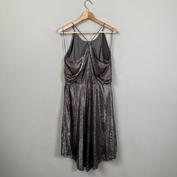 Halston Metallic Fit & Flare Midi Dress Women's 8 Gunmetal Silver Cocktail Party - Picture 3 of 14
